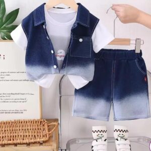 BOYS THREE PC DRESS DENIM JACKET WITH TSHIRT AND SHORTS