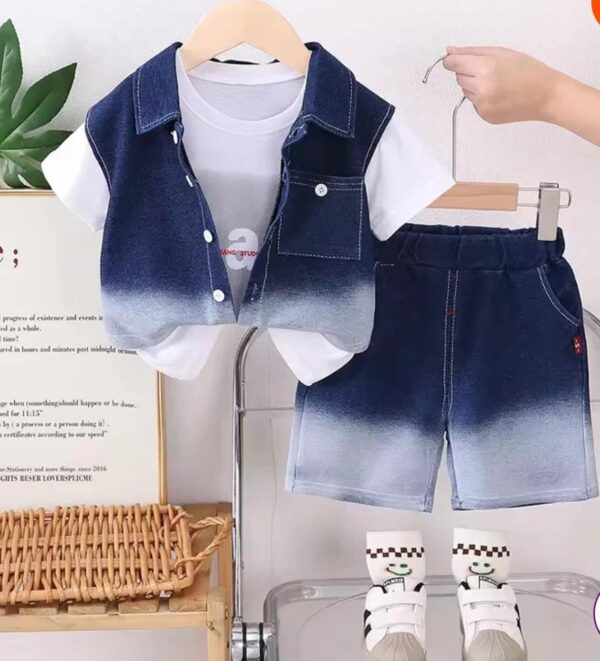 BOYS THREE PC DRESS DENIM JACKET WITH TSHIRT AND SHORTS